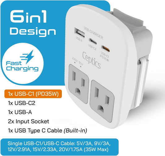 Ceptics 35W Universal Travel Adapter Kit β 2 USA sockets, USB-A, USBC, 1x PD 35W USB-C and USBC Cable, Surge Protected, Plugs for EU, UK, China, AU, Japan - for Laptop, Phone, Camera-ETL Tested