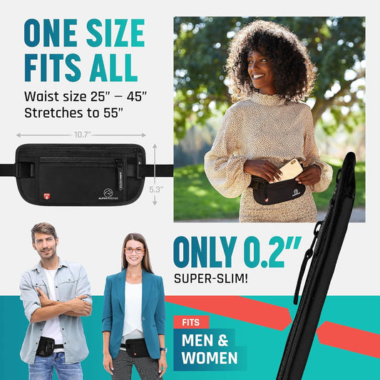 Alpha Keeper Hidden Travel Money Belt - RFID Blocking Waist Wallet & Passport Holder for Women and Men, Anti-Theft Slim Security Pouch