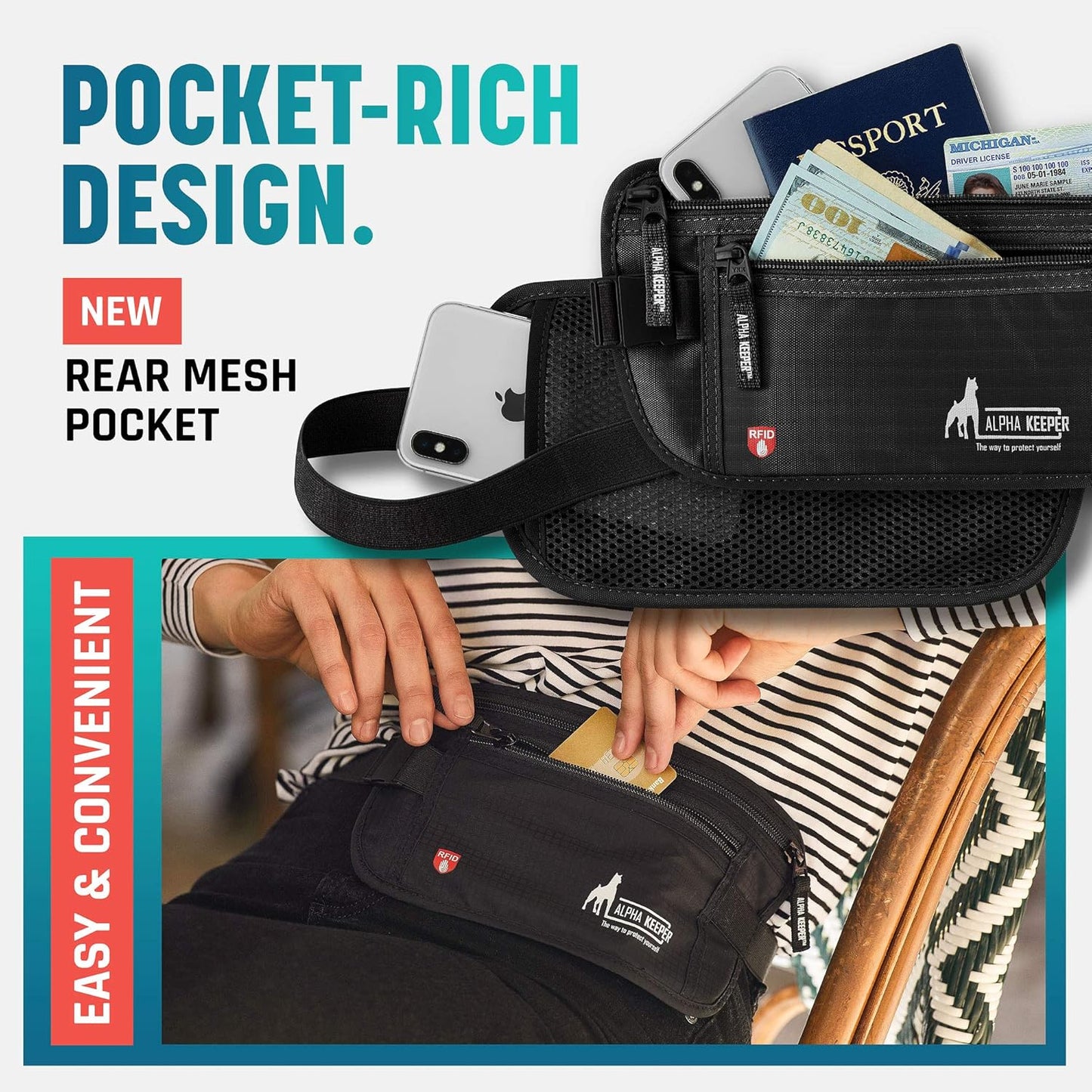 Alpha Keeper Hidden Travel Money Belt - RFID Blocking Waist Wallet & Passport Holder for Women and Men, Anti-Theft Slim Security Pouch