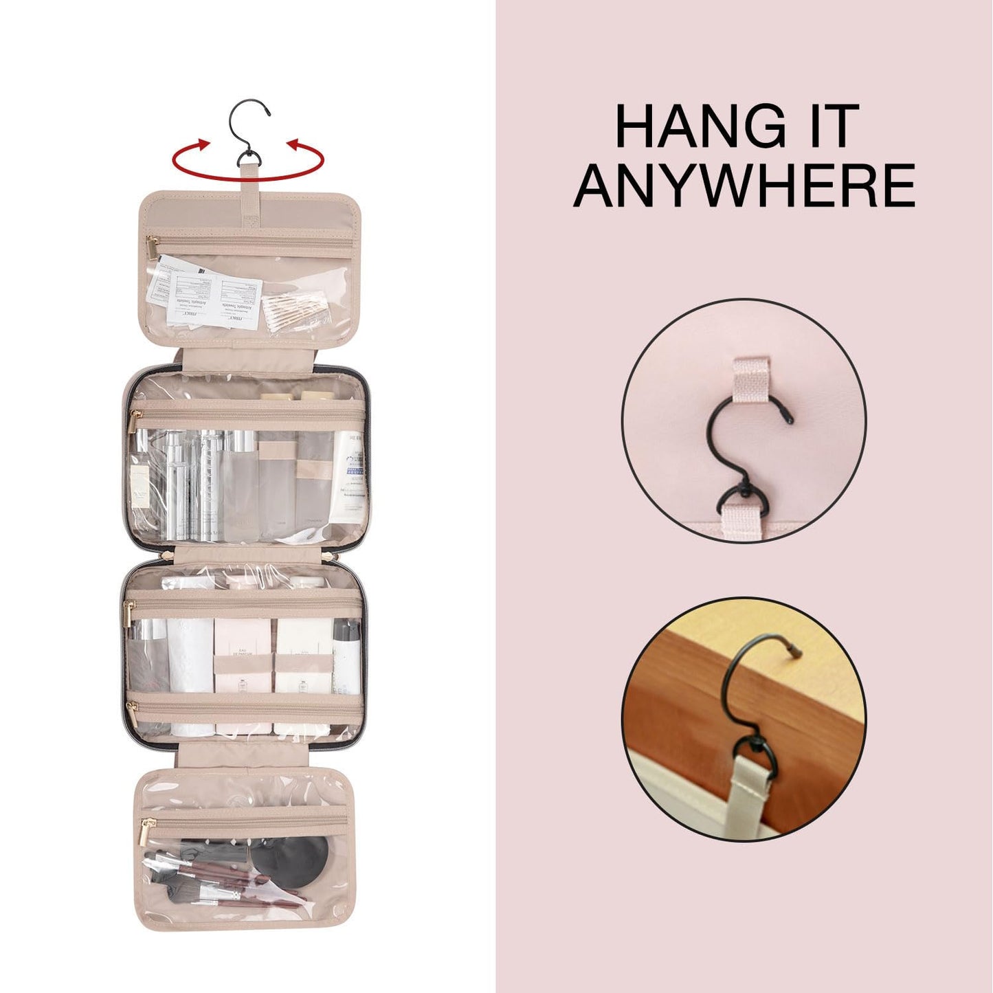 BAGSMART Toiletry Bag Travel Bag with Hanging Hook, Water-resistant Makeup Cosmetic Bag Travel Organizer for Accessories, Shampoo, Full-size Container, Toiletries (Black, Medium)