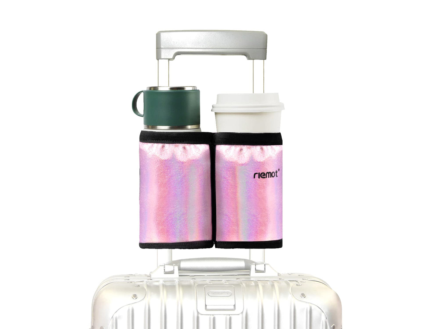 riemot Luggage Travel Cup Holder Free Hand Drink Carrier - Hold Two Coffee Mugs - Fits Roll on Suitcase Handles - Gifts for Flight Attendants Travelers Accessories Carbon Black