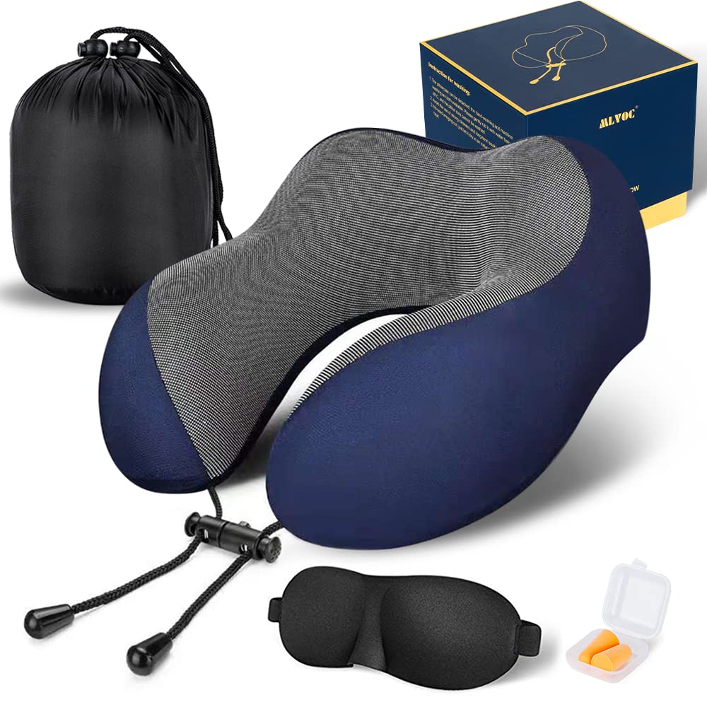 MLVOC Travel Pillow 100% Pure Memory Foam Neck Pillow, Comfortable & Breathable Cover, Machine Washable, Airplane Travel Kit with 3D Contoured Eye Masks, Earplugs, and Luxury Bag, Standard (Black)
