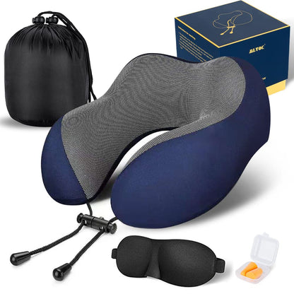 MLVOC Travel Pillow 100% Pure Memory Foam Neck Pillow, Comfortable & Breathable Cover, Machine Washable, Airplane Travel Kit with 3D Contoured Eye Masks, Earplugs, and Luxury Bag, Standard (Black)