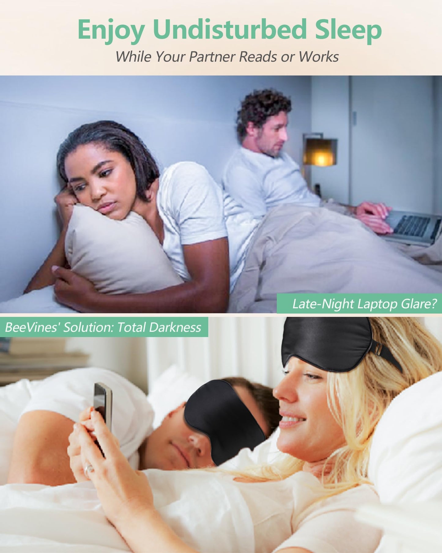 BeeVines 100% Real Mulberry Silk 2 Pack Sleep Mask, Natural Pure Silk Eye Masks with Adjustable Strap for Sleeping, 100% Block Light Eye Sleep Shade Cover, Reduces Puffy Eyes Traveling Gifts