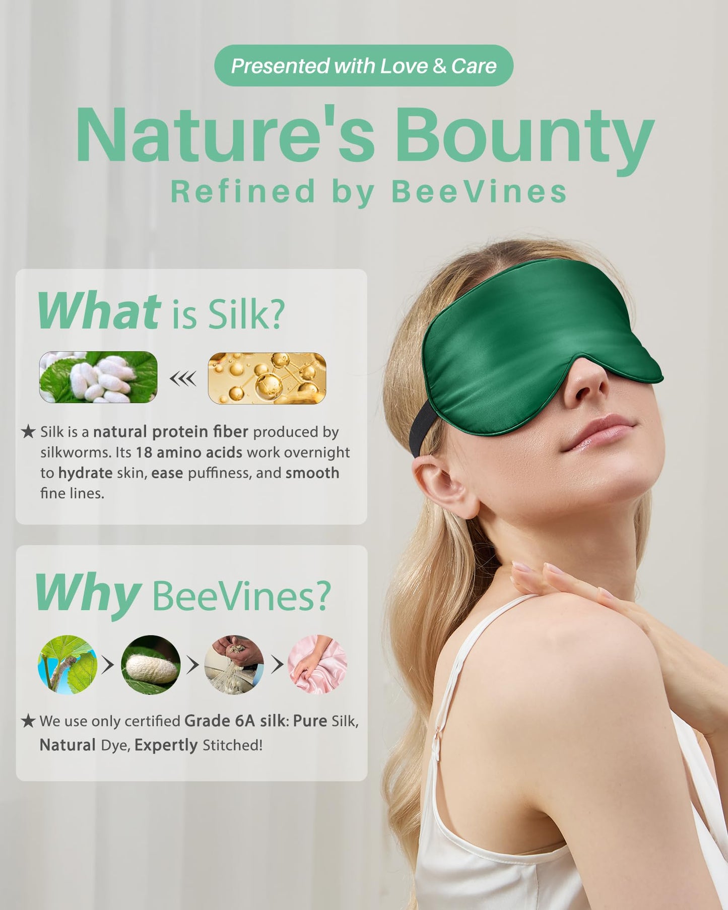 BeeVines 100% Real Mulberry Silk 2 Pack Sleep Mask, Natural Pure Silk Eye Masks with Adjustable Strap for Sleeping, 100% Block Light Eye Sleep Shade Cover, Reduces Puffy Eyes Traveling Gifts