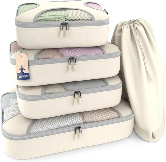 Shacke Premium 5 Packing Cubes Set - Lightweight Mesh Travel Luggage Organizers with Laundry Bag, 5-Piece Suitcase Storage System (Black)