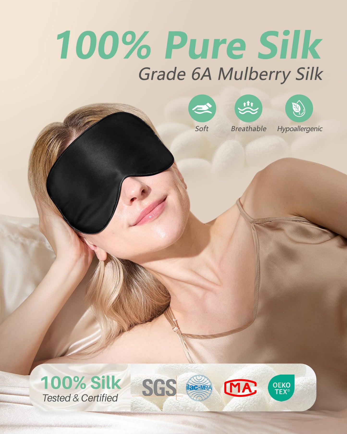 BeeVines 100% Real Mulberry Silk 2 Pack Sleep Mask, Natural Pure Silk Eye Masks with Adjustable Strap for Sleeping, 100% Block Light Eye Sleep Shade Cover, Reduces Puffy Eyes Traveling Gifts