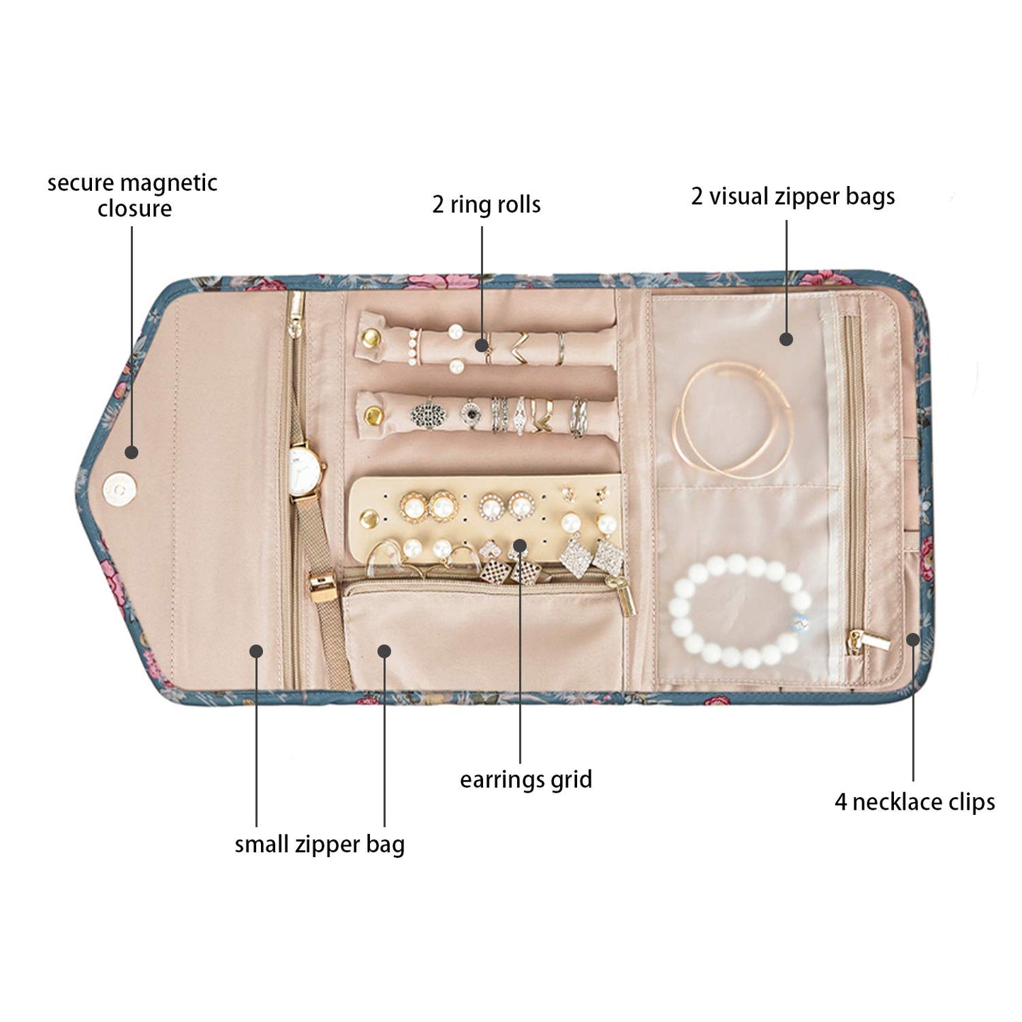 BAGSMART Travel Jewelry Organizer Case Foldable Jewelry Roll for Journey Rings, Necklaces, Earrings, Bracelets, Mini, Black