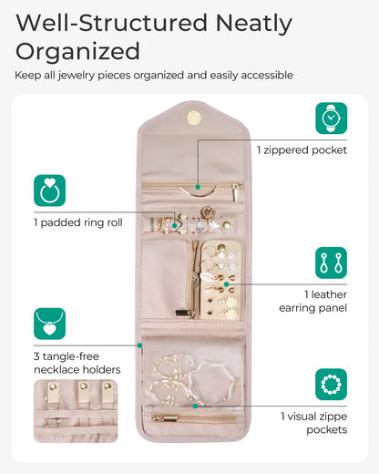 BAGSMART Travel Jewelry Organizer Case Foldable Jewelry Roll for Journey Rings, Necklaces, Earrings, Bracelets, Mini, Black