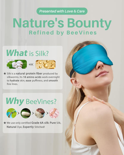 BeeVines 100% Real Mulberry Silk 2 Pack Sleep Mask, Natural Pure Silk Eye Masks with Adjustable Strap for Sleeping, 100% Block Light Eye Sleep Shade Cover, Reduces Puffy Eyes Traveling Gifts