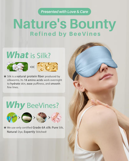 BeeVines 100% Real Mulberry Silk 2 Pack Sleep Mask, Natural Pure Silk Eye Masks with Adjustable Strap for Sleeping, 100% Block Light Eye Sleep Shade Cover, Reduces Puffy Eyes Traveling Gifts