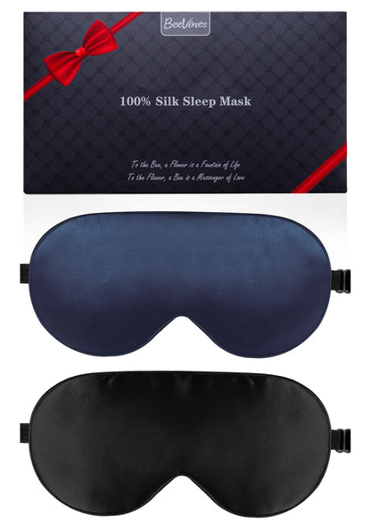 BeeVines 100% Real Mulberry Silk 2 Pack Sleep Mask, Natural Pure Silk Eye Masks with Adjustable Strap for Sleeping, 100% Block Light Eye Sleep Shade Cover, Reduces Puffy Eyes Traveling Gifts