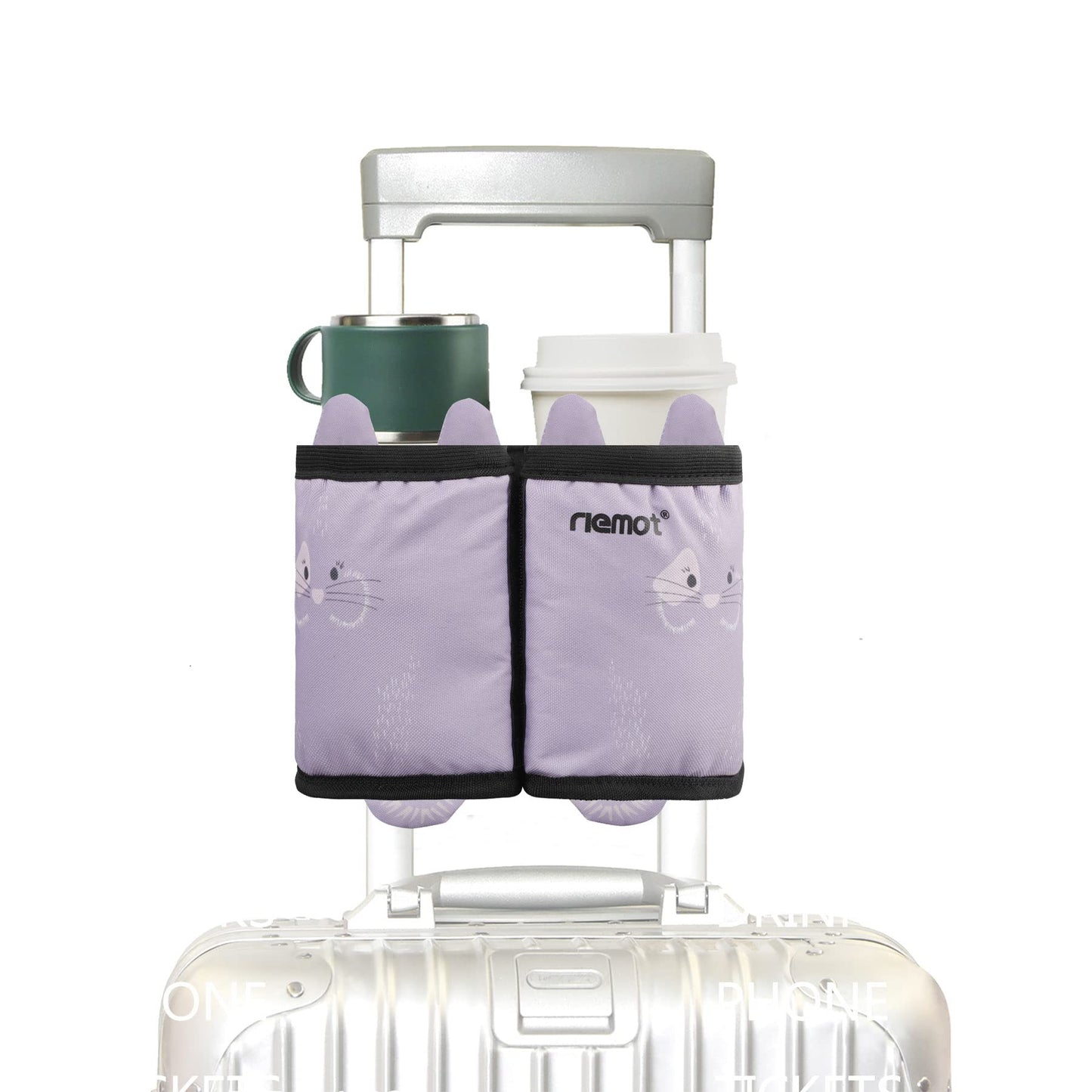 riemot Luggage Travel Cup Holder Free Hand Drink Carrier - Hold Two Coffee Mugs - Fits Roll on Suitcase Handles - Gifts for Flight Attendants Travelers Accessories Carbon Black