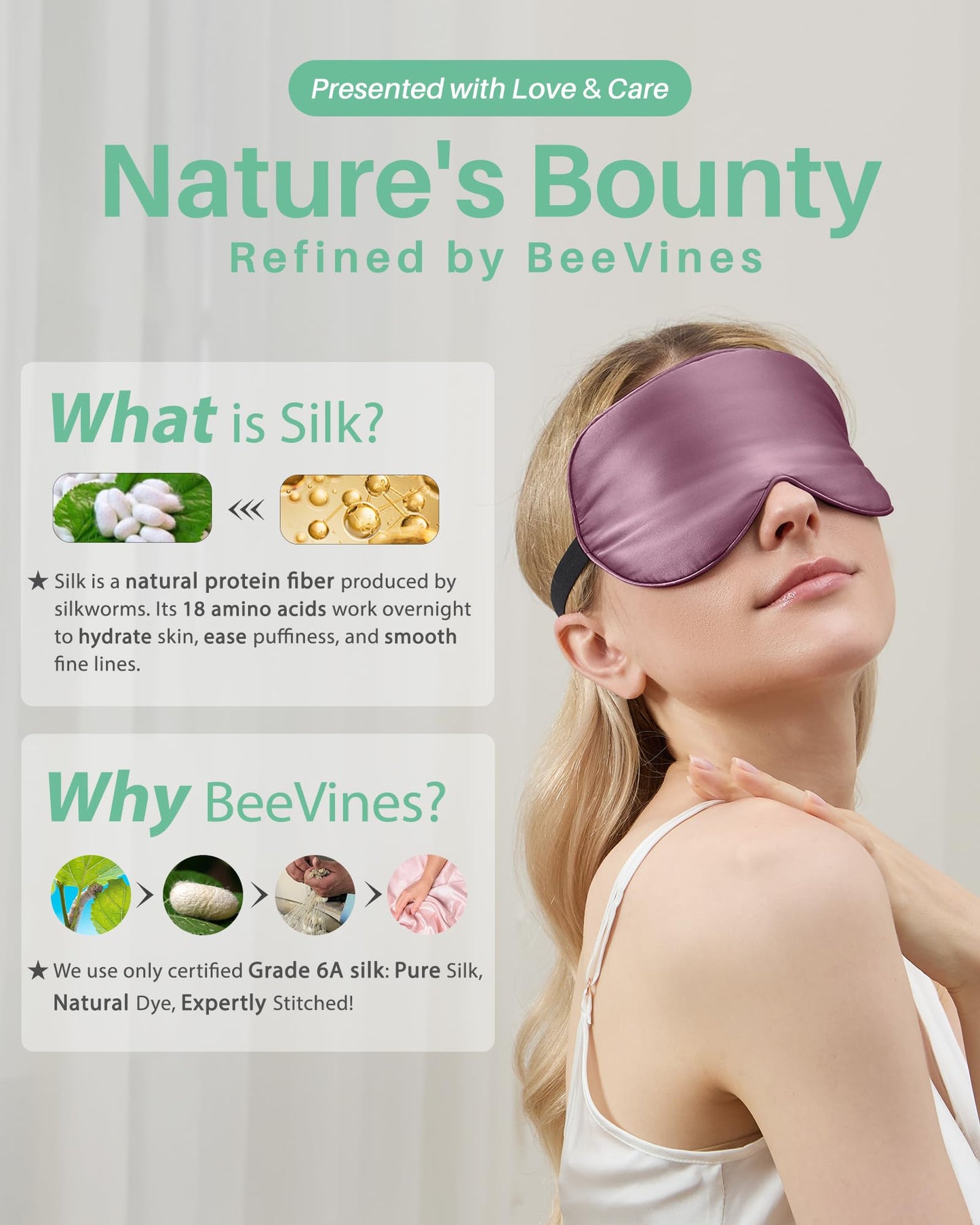 BeeVines 100% Real Mulberry Silk 2 Pack Sleep Mask, Natural Pure Silk Eye Masks with Adjustable Strap for Sleeping, 100% Block Light Eye Sleep Shade Cover, Reduces Puffy Eyes Traveling Gifts