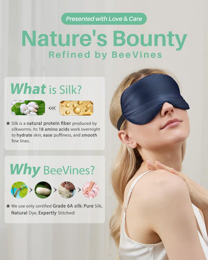 BeeVines 100% Real Mulberry Silk 2 Pack Sleep Mask, Natural Pure Silk Eye Masks with Adjustable Strap for Sleeping, 100% Block Light Eye Sleep Shade Cover, Reduces Puffy Eyes Traveling Gifts