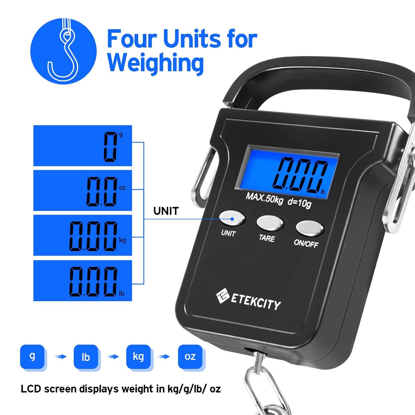 Etekcity Luggage Scale, Travel Essentials, Digital Suitcase Weight Scales for Travel Accessories, Hanging Baggage Scale with Temperature Sensor, Rubber Paint, 110 Pounds, Battery Included, Blue