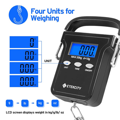 Etekcity Luggage Scale, Travel Essentials, Digital Suitcase Weight Scales for Travel Accessories, Hanging Baggage Scale with Temperature Sensor, Rubber Paint, 110 Pounds, Battery Included, Blue