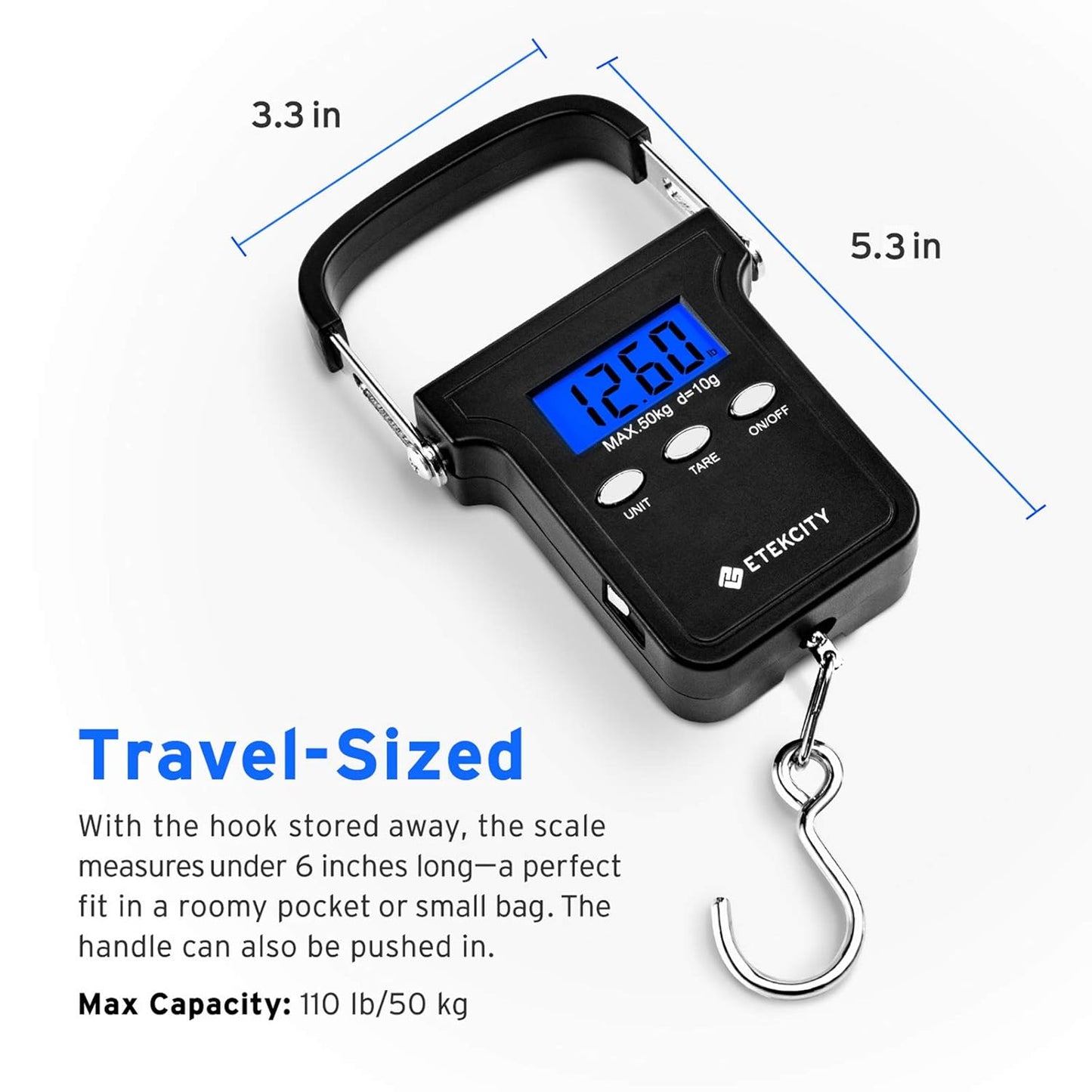 Etekcity Luggage Scale, Travel Essentials, Digital Suitcase Weight Scales for Travel Accessories, Hanging Baggage Scale with Temperature Sensor, Rubber Paint, 110 Pounds, Battery Included, Blue