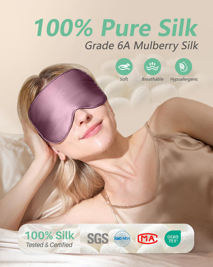 BeeVines 100% Real Mulberry Silk 2 Pack Sleep Mask, Natural Pure Silk Eye Masks with Adjustable Strap for Sleeping, 100% Block Light Eye Sleep Shade Cover, Reduces Puffy Eyes Traveling Gifts