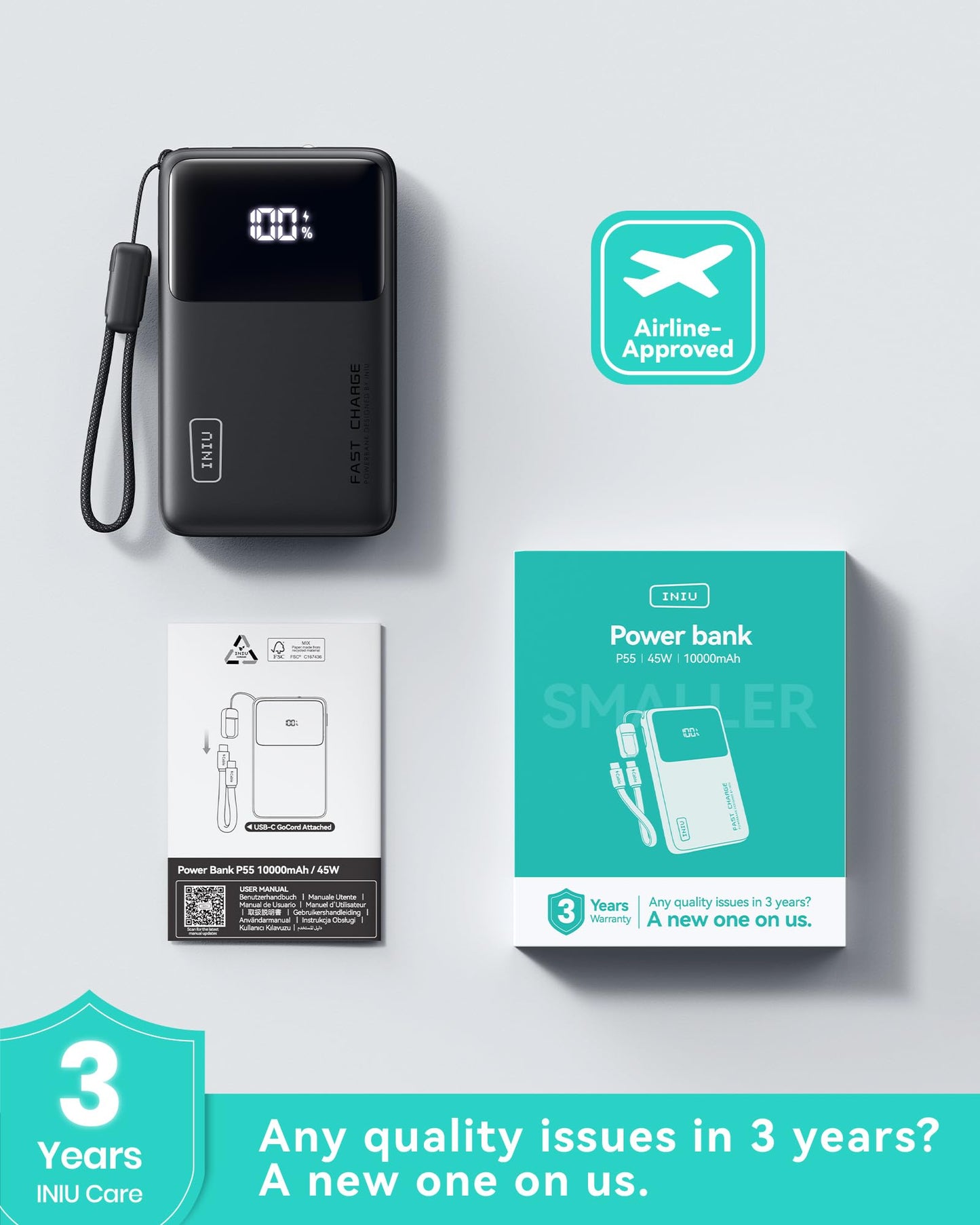 INIU Portable Charger, Slimmest Fast Charging 10000mAh USB C in/Out Power Bank, 22.5W PD3.0 QC4+ Battery Pack, Portable Phone Charger for iPhone 16 15 14 13 12 Pro Samsung S22 S21 Google AirPods iPad