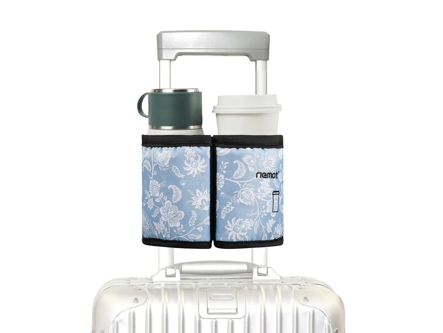 riemot Luggage Travel Cup Holder Free Hand Drink Carrier - Hold Two Coffee Mugs - Fits Roll on Suitcase Handles - Gifts for Flight Attendants Travelers Accessories Carbon Black