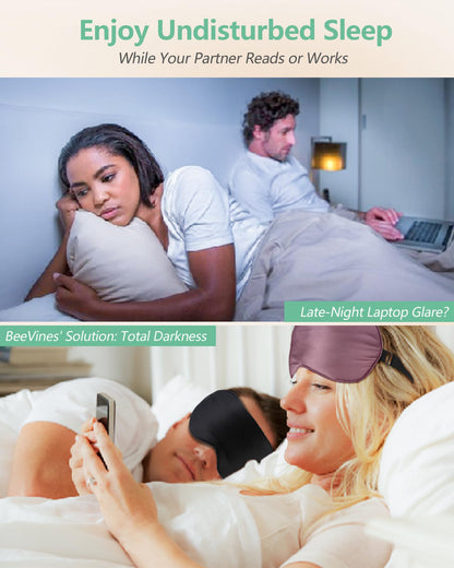 BeeVines 100% Real Mulberry Silk 2 Pack Sleep Mask, Natural Pure Silk Eye Masks with Adjustable Strap for Sleeping, 100% Block Light Eye Sleep Shade Cover, Reduces Puffy Eyes Traveling Gifts