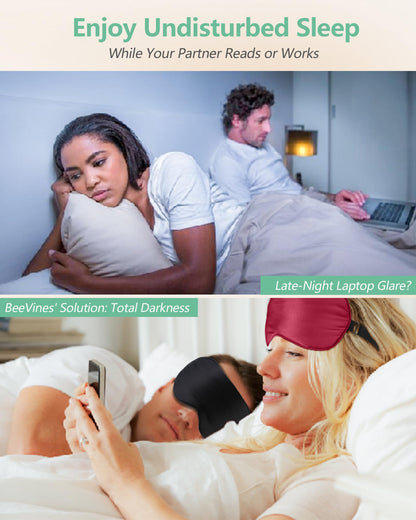 BeeVines 100% Real Mulberry Silk 2 Pack Sleep Mask, Natural Pure Silk Eye Masks with Adjustable Strap for Sleeping, 100% Block Light Eye Sleep Shade Cover, Reduces Puffy Eyes Traveling Gifts