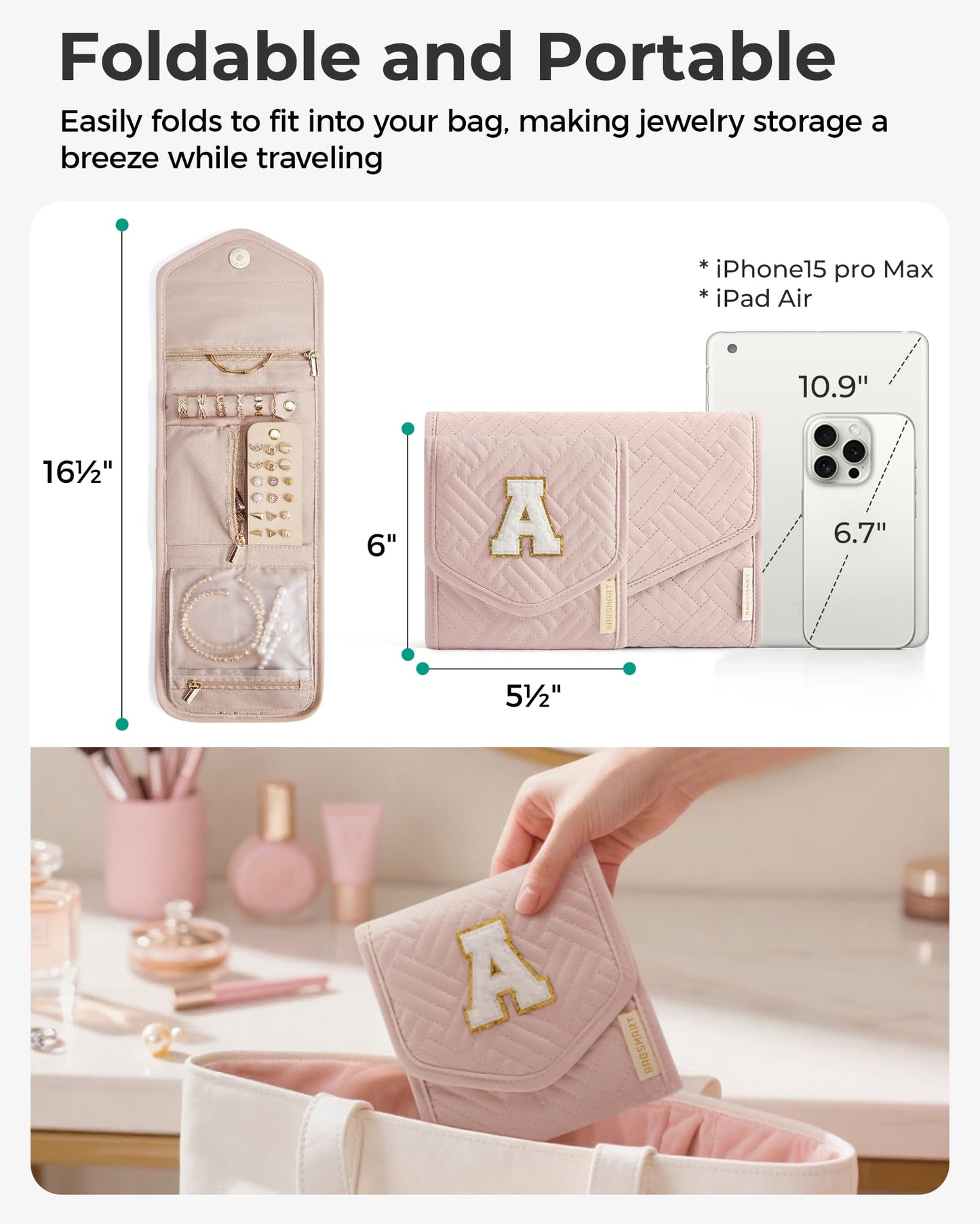 BAGSMART Travel Jewelry Organizer Case Foldable Jewelry Roll for Journey Rings, Necklaces, Earrings, Bracelets, Mini, Black