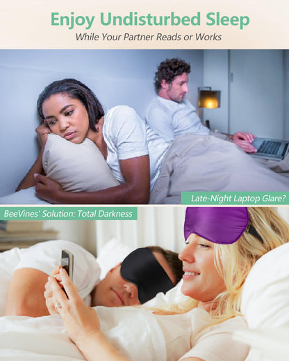 BeeVines 100% Real Mulberry Silk 2 Pack Sleep Mask, Natural Pure Silk Eye Masks with Adjustable Strap for Sleeping, 100% Block Light Eye Sleep Shade Cover, Reduces Puffy Eyes Traveling Gifts