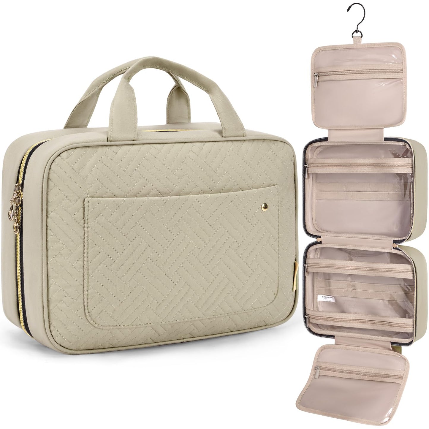 BAGSMART Toiletry Bag Travel Bag with Hanging Hook, Water-resistant Makeup Cosmetic Bag Travel Organizer for Accessories, Shampoo, Full-size Container, Toiletries (Black, Medium)