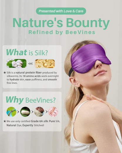 BeeVines 100% Real Mulberry Silk 2 Pack Sleep Mask, Natural Pure Silk Eye Masks with Adjustable Strap for Sleeping, 100% Block Light Eye Sleep Shade Cover, Reduces Puffy Eyes Traveling Gifts