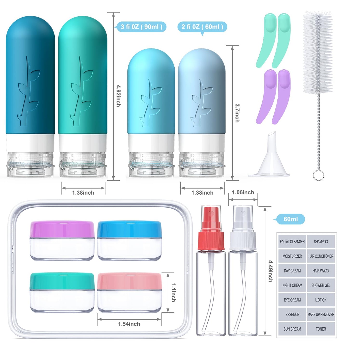 18pack Travel Bottles for Toiletries,TSA Approved Silicone Travel Containers for Toiletries,Leak Proof Refillable Liqus Shampoo And Conditioner travel Essentials toiletry Bottles