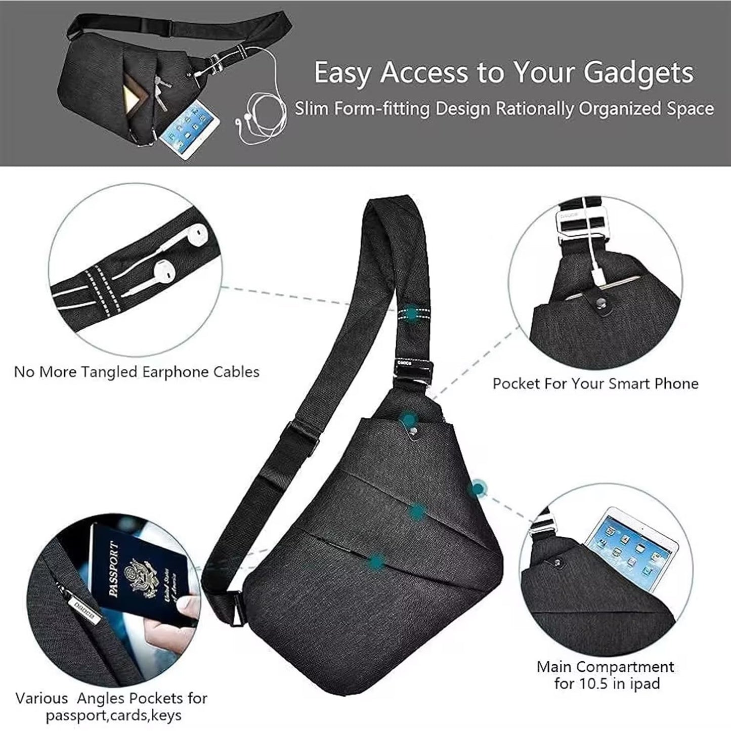 OSOCE Anti Theft Crossbody Bags Sling Bag for Women Men Waterproof Wander Bag for Sports and Travel. (1-BLACK, Small)