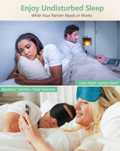 BeeVines 100% Real Mulberry Silk 2 Pack Sleep Mask, Natural Pure Silk Eye Masks with Adjustable Strap for Sleeping, 100% Block Light Eye Sleep Shade Cover, Reduces Puffy Eyes Traveling Gifts