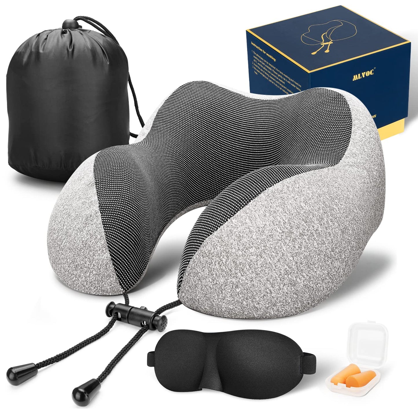 MLVOC Travel Pillow 100% Pure Memory Foam Neck Pillow, Comfortable & Breathable Cover, Machine Washable, Airplane Travel Kit with 3D Contoured Eye Masks, Earplugs, and Luxury Bag, Standard (Black)
