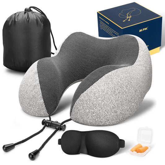 MLVOC Travel Pillow 100% Pure Memory Foam Neck Pillow, Comfortable & Breathable Cover, Machine Washable, Airplane Travel Kit with 3D Contoured Eye Masks, Earplugs, and Luxury Bag, Standard (Black)