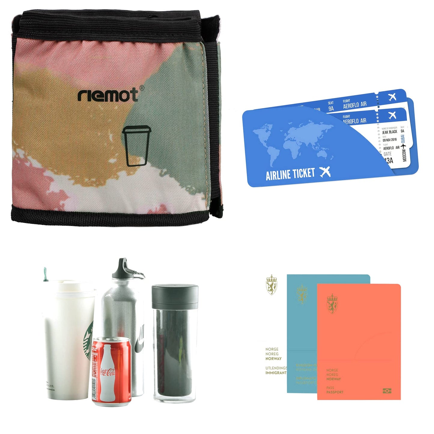 riemot Luggage Travel Cup Holder Free Hand Drink Carrier - Hold Two Coffee Mugs - Fits Roll on Suitcase Handles - Gifts for Flight Attendants Travelers Accessories Carbon Black