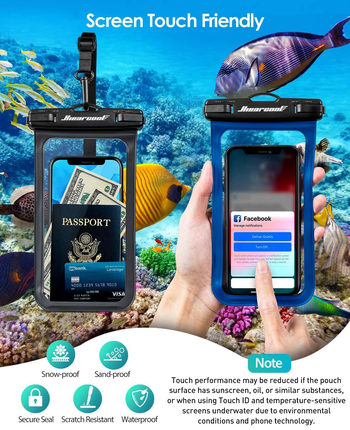 Hiearcool Waterproof Phone Pouch, Water Proof Phone Case for iPhone, Waterproof Cell Phone Dry Bag for Cruise Travel Vacation Essentials Large Waterproof Phone Holder 4 Pack-Black&Clear