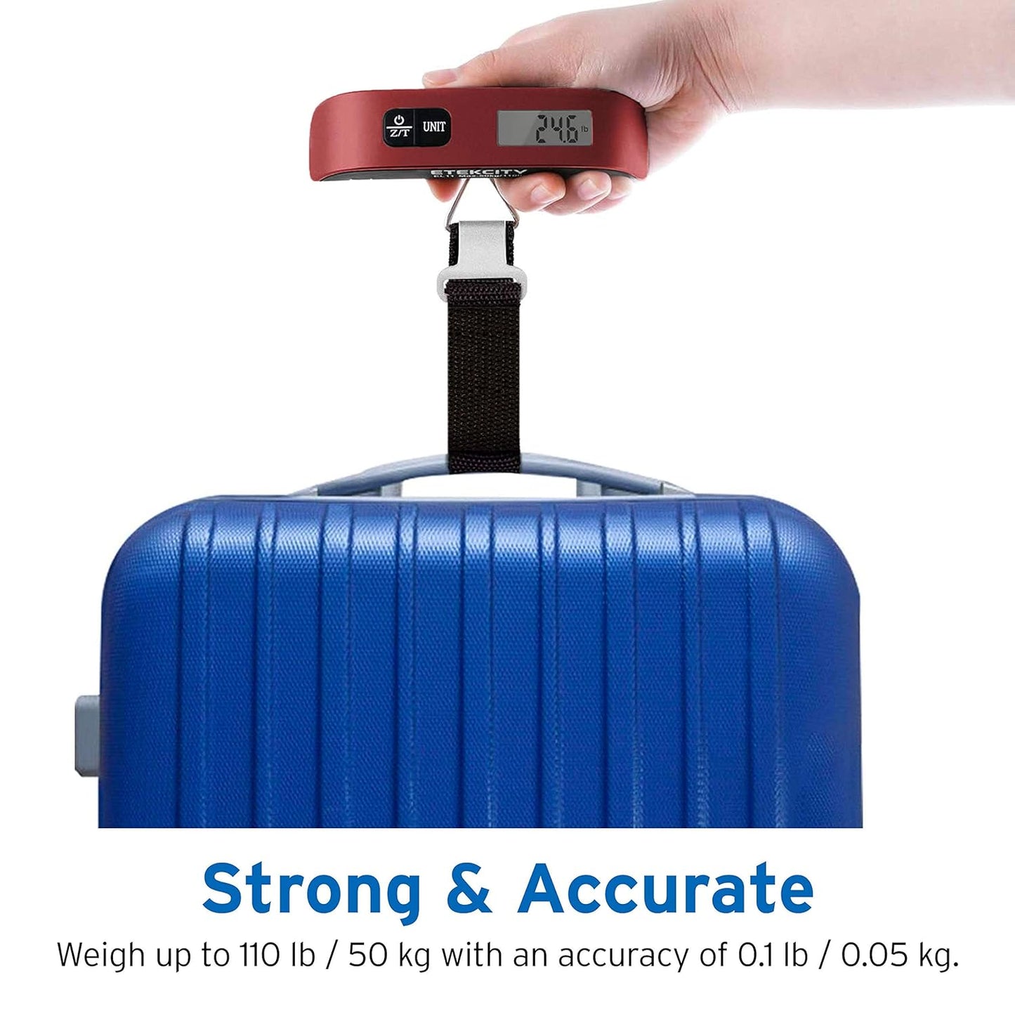 Etekcity Luggage Scale, Travel Essentials, Digital Suitcase Weight Scales for Travel Accessories, Hanging Baggage Scale with Temperature Sensor, Rubber Paint, 110 Pounds, Battery Included, Blue