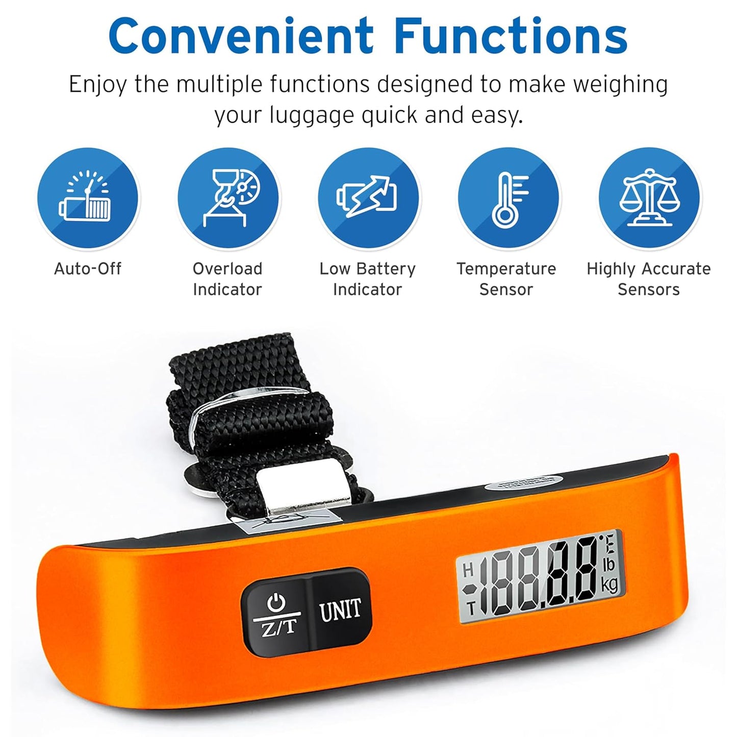 Etekcity Luggage Scale, Travel Essentials, Digital Suitcase Weight Scales for Travel Accessories, Hanging Baggage Scale with Temperature Sensor, Rubber Paint, 110 Pounds, Battery Included, Blue