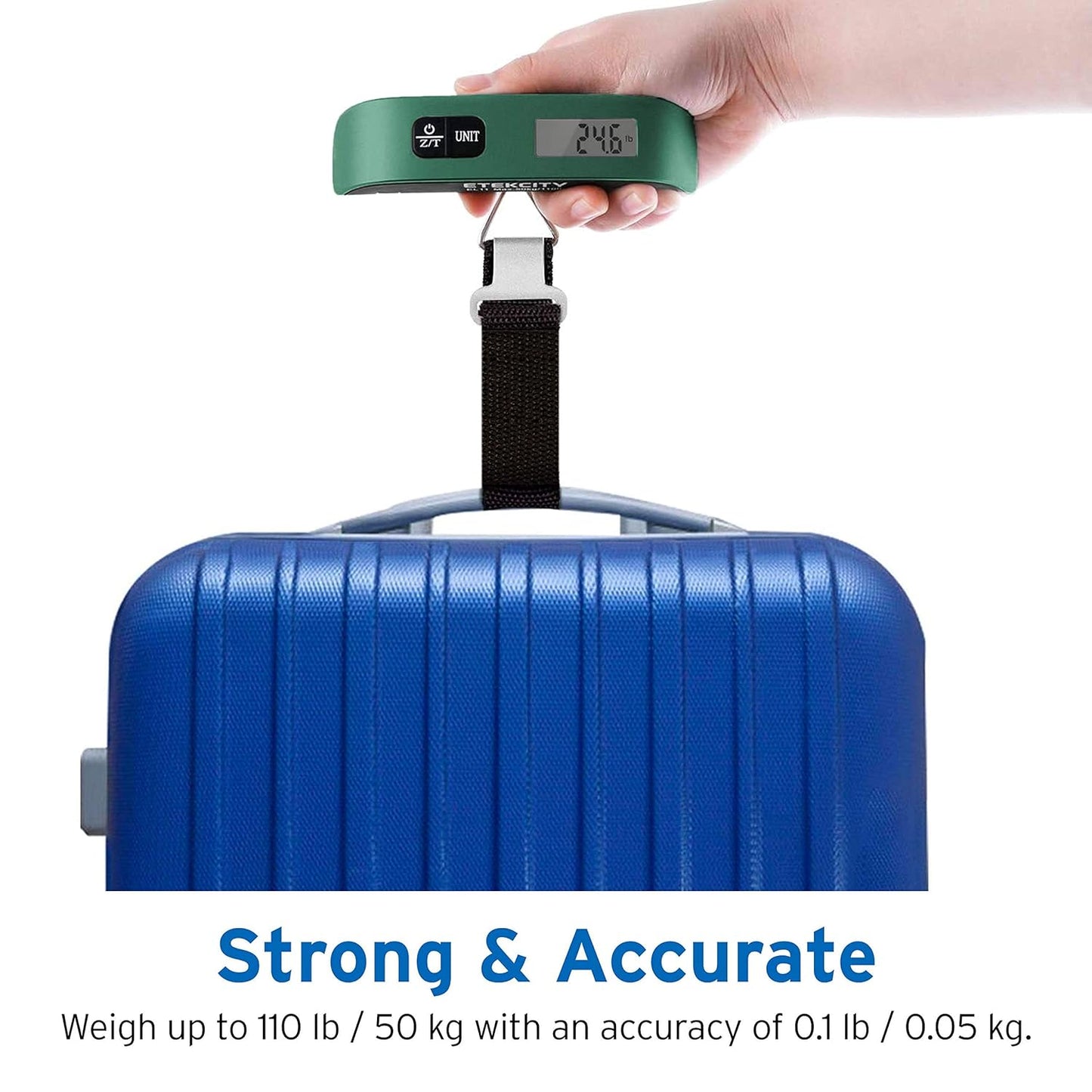 Etekcity Luggage Scale, Travel Essentials, Digital Suitcase Weight Scales for Travel Accessories, Hanging Baggage Scale with Temperature Sensor, Rubber Paint, 110 Pounds, Battery Included, Blue