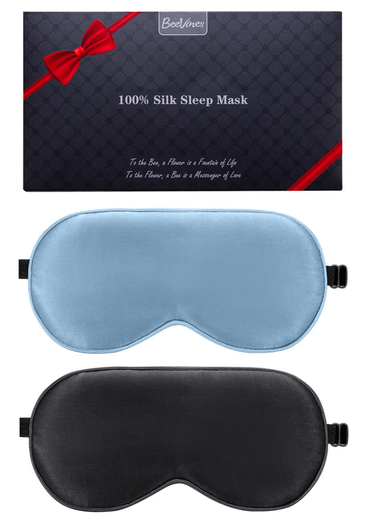 BeeVines 100% Real Mulberry Silk 2 Pack Sleep Mask, Natural Pure Silk Eye Masks with Adjustable Strap for Sleeping, 100% Block Light Eye Sleep Shade Cover, Reduces Puffy Eyes Traveling Gifts