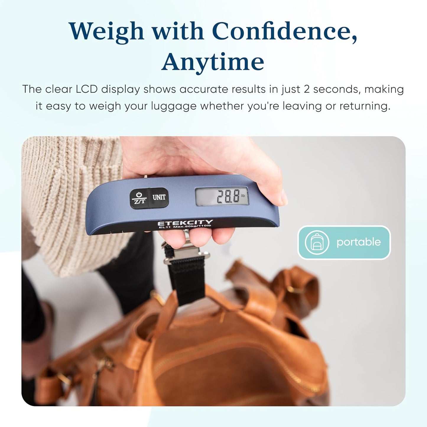 Etekcity Luggage Scale, Travel Essentials, Digital Suitcase Weight Scales for Travel Accessories, Hanging Baggage Scale with Temperature Sensor, Rubber Paint, 110 Pounds, Battery Included, Blue