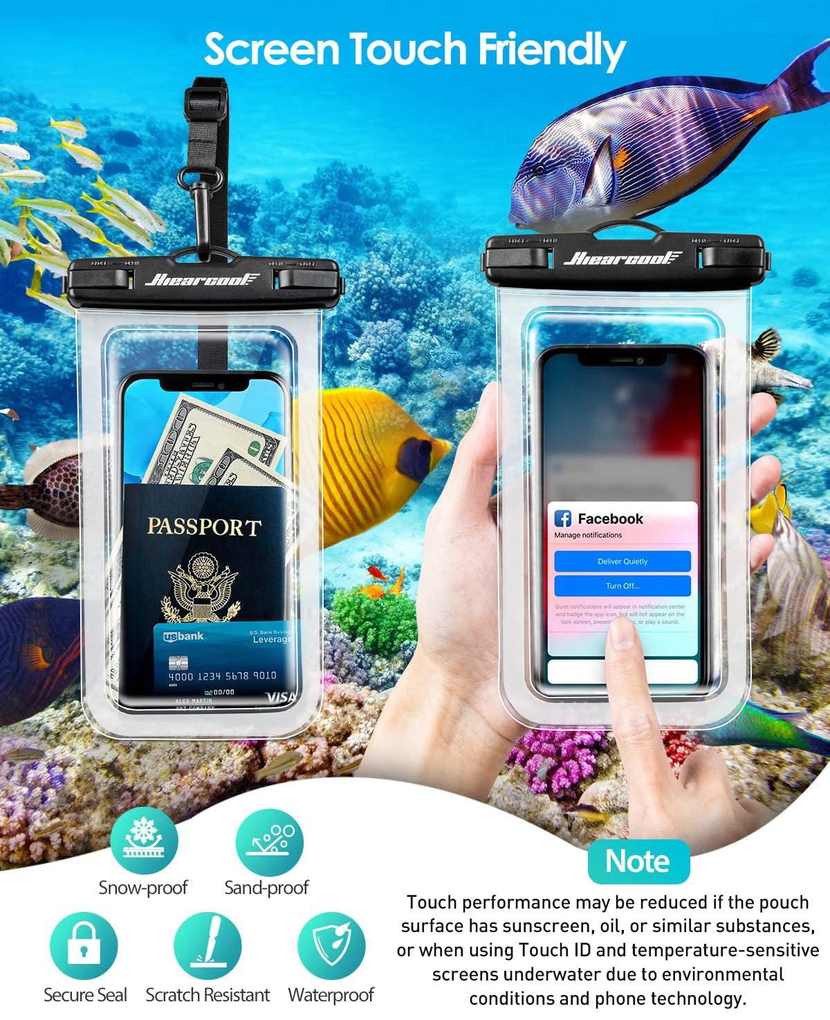 Hiearcool Waterproof Phone Pouch, Water Proof Phone Case for iPhone, Waterproof Cell Phone Dry Bag for Cruise Travel Vacation Essentials Large Waterproof Phone Holder 4 Pack-Black&Clear