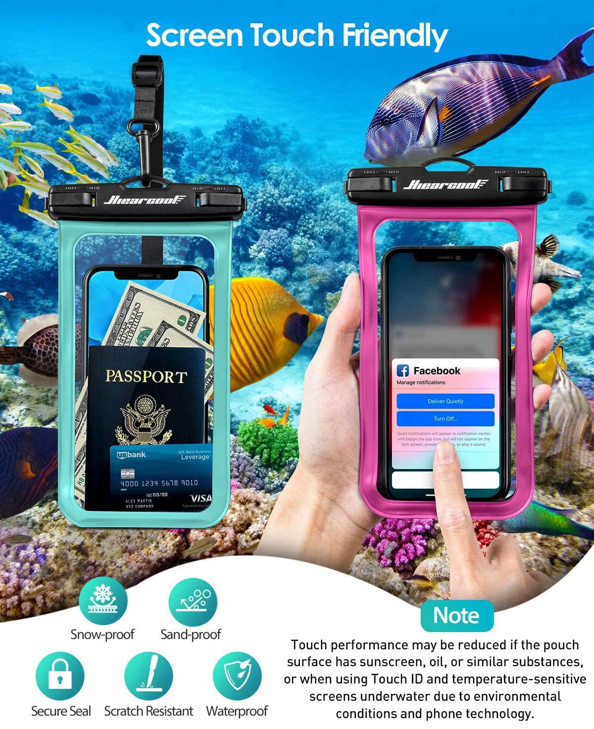 Hiearcool Waterproof Phone Pouch, Water Proof Phone Case for iPhone, Waterproof Cell Phone Dry Bag for Cruise Travel Vacation Essentials Large Waterproof Phone Holder 4 Pack-Black&Clear