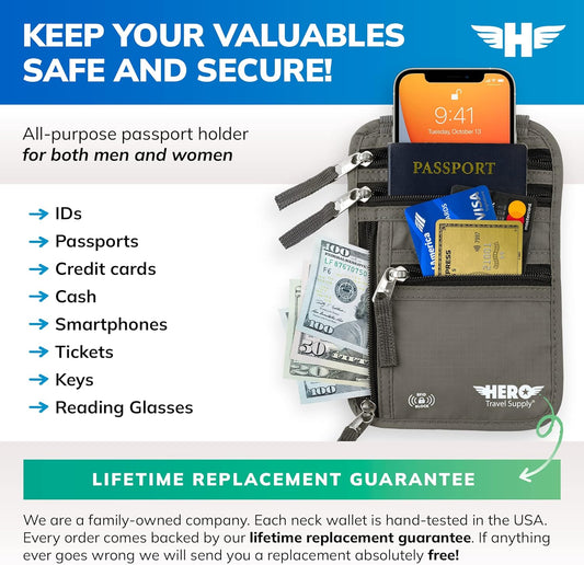 HERO Neck Wallet, RFID Blocking Passport Holder, Easy to Conceal Travel Pouch
