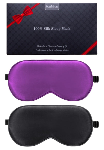 BeeVines 100% Real Mulberry Silk 2 Pack Sleep Mask, Natural Pure Silk Eye Masks with Adjustable Strap for Sleeping, 100% Block Light Eye Sleep Shade Cover, Reduces Puffy Eyes Traveling Gifts