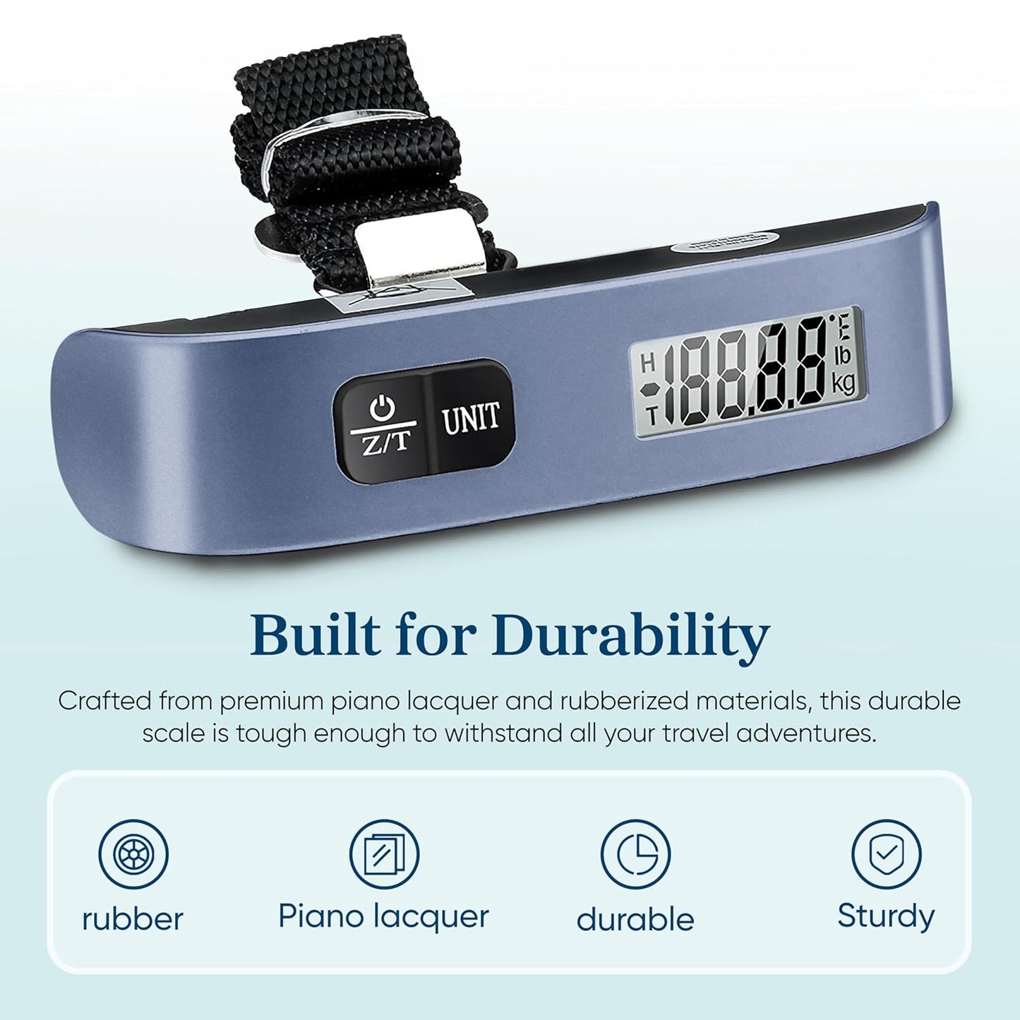 Etekcity Luggage Scale, Travel Essentials, Digital Suitcase Weight Scales for Travel Accessories, Hanging Baggage Scale with Temperature Sensor, Rubber Paint, 110 Pounds, Battery Included, Blue