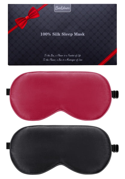 BeeVines 100% Real Mulberry Silk 2 Pack Sleep Mask, Natural Pure Silk Eye Masks with Adjustable Strap for Sleeping, 100% Block Light Eye Sleep Shade Cover, Reduces Puffy Eyes Traveling Gifts