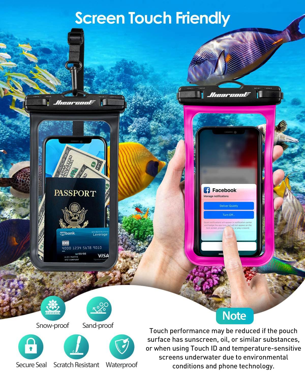 Hiearcool Waterproof Phone Pouch, Water Proof Phone Case for iPhone, Waterproof Cell Phone Dry Bag for Cruise Travel Vacation Essentials Large Waterproof Phone Holder 4 Pack-Black&Clear